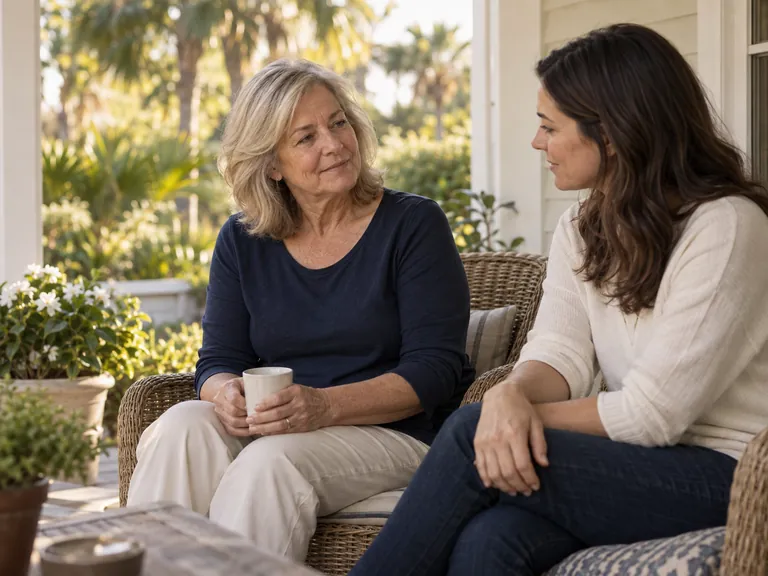 Two generations spending time together on a sunny porch